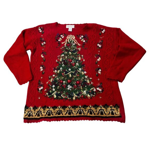 VTG  Casual Corner Annex Heavily Embroidered Christmas Tree Sweater Red L - Picture 1 of 7